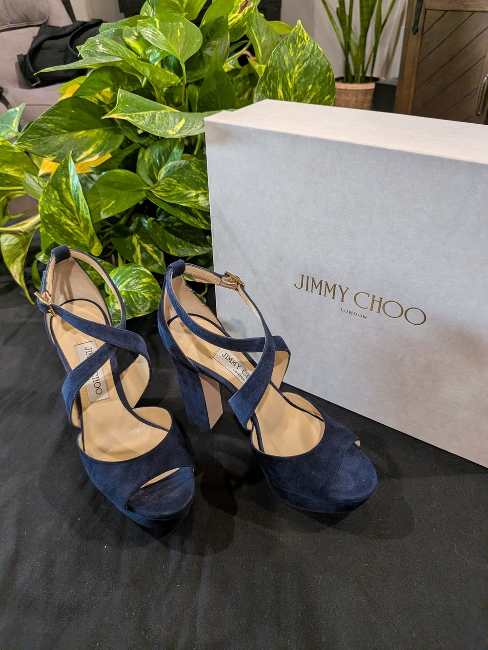Jimmy Choo April 120 Women's Navy Suede Crisscross Platform High Block Heel